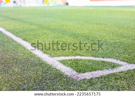 Close up shot of white line of chalk for corner symbol on lawn or grass in soccer field under sunlight in summer shows concept of sport and leisure time activities outdoor for competition.