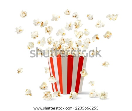 Popcorn box, Striped pop corn bucket container. Realistic vector mock up of white and red paper bucket with flying out and scatter around snack seeds, isolated 3d design for cinema or movie theater Royalty-Free Stock Photo #2235666255