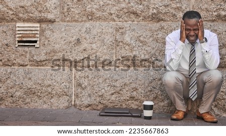 Business, depression and sad black man in city after failure, financial crisis or mistake mockup.   health, anxiety or stress, unemployed or unhappy businessman in street thinking about job loss