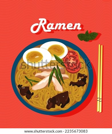 Asian traditional Japanese food cuisine. Ramen noodle soup, vector illustration. Clip art, menu, poster, print, banner