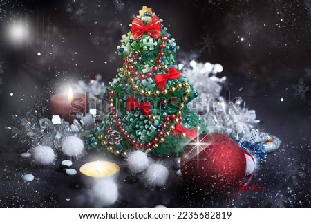 christmas tree decorated of candles bright with snow christmas balls and comfort picture background 2023 new year