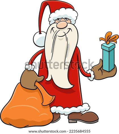 Cartoon illustration of happy Santa Claus character with sack and Christmas gift