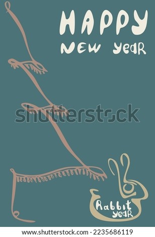 greeting card with lettering happy new year of the water rabbit and bunny of numbers 2023 in hand draw style. Lunar zodiac symbol of Year of cat. Chinese New Year 2023 Christmas logo. Vector illustrat