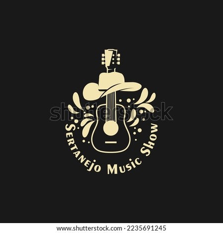 Country music sign. Cowboy hat with guitar live music on black background