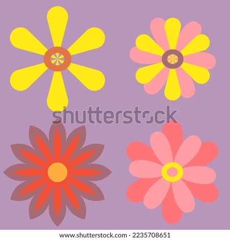 four type of flower blooming colorful soft petels abstract shape multi layer on violet background. top side for decorative image