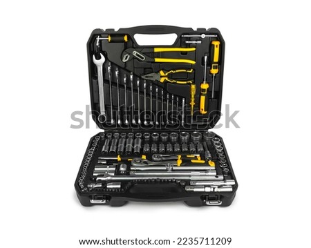 Toolbox, tools kit case detail close up  instruments. set of yellow tools car tool kit tool set background  instruments for repair