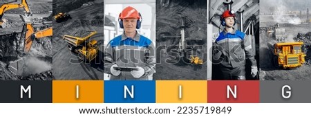 Collage industrial coal mining factory photo. Banner industry working engineer man, big yellow mine truck, excavator crushing machine.