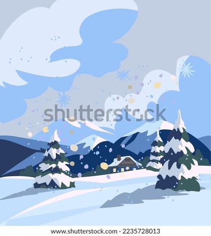 Winter snow landscape and house, falling snow, snowflakes. Christmas winter scenery, village house in snowy valley, snowy mountains. Vector illustration. Postcard, Card, Poster, Flyer, Banner template