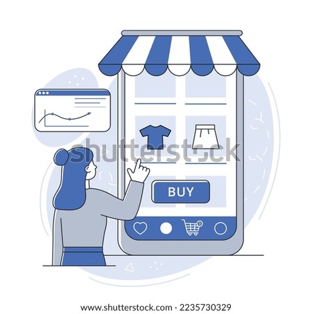 Mobile shopping concept. Woman chooses clothes on screen of smartphone. Modern technologies and digital world, home delivery. Cashless payment and transaction. Cartoon flat vector illustration