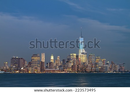 Horizontal Photo of the Freedom Tower with New York City skyline.