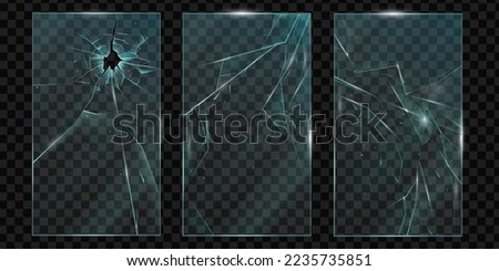 Cracked glass, vector broken phone screen, scratched smartphone pane shattered texture effect. Protector concept, realistic transparent crushed plexiglass design. Cracked glass, frame set hole, splits Royalty-Free Stock Photo #2235735851