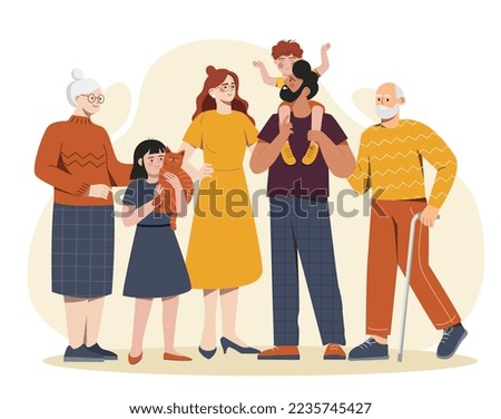Happy family concept. Man and woman stand next to their son and daughter, grandfather and grandmother. Family portrait or photograph. Good relationship, love. Cartoon flat vector illustration