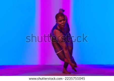 Body Positivity And Sport. Smiling Curvy Black Woman In Sportswear Free Copy Space For Advertisement, Standing Isolated On Neon Pink Studio Background, Banner