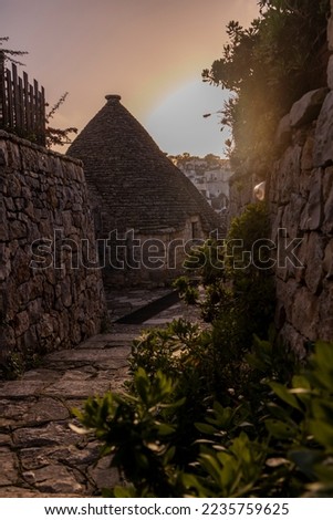 Trulli Puglia : Panoramic view of Alberobello. The typical roofs of the trulli are a unique heritage. Spectacular trips to Italy. Italian traditions and culture. A village illuminated during sunset