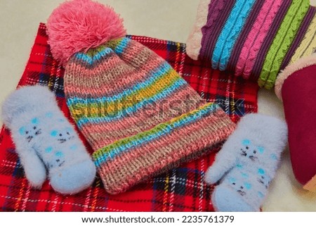 winter clothing accessories,knitted colored cap with a scarf and gloves