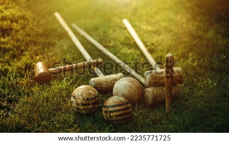 Wooden clubs for playing croquet. Vintage croquet set on the green grass in the park. Active games in summer. Ancient family traditions of games. Royalty-Free Stock Photo #2235771725