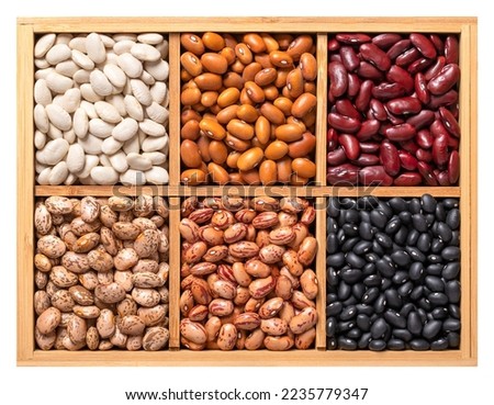 Variety of dried common beans, pulse assortment in a wooden box. White navy, Dutch brown, kidney, pinto, cranberry and black turtle beans. Phaseolus vulgaris seeds, in a wooden container, from above. Royalty-Free Stock Photo #2235779347