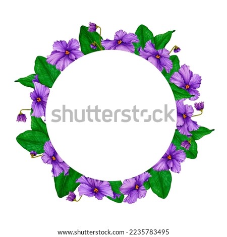 Round frame from African violets (saintpaulia). Hand drawn watercolor. Design for postcard, invitation, greeting, print, logo, label. Valentine's Day, wedding, birthday, anniversary, mother's day, etc