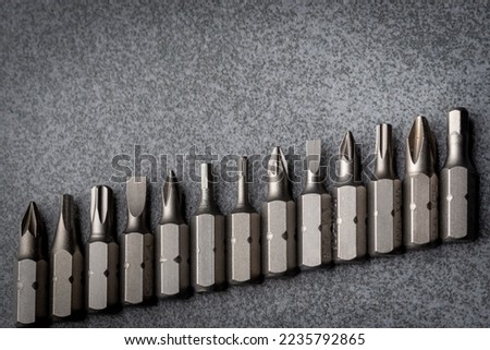 Set of heads for screwdrivers (bits) . On a gray background. Place for text. Close-up .