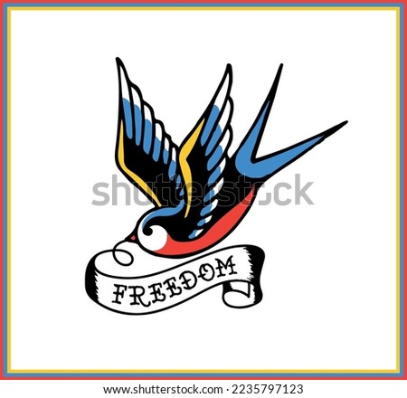 Swallow tattoo stock vector. Tattoo style swallow with banner, old school. Sailor Sticker. Freedom tattoo. Traditional tattoo vector Royalty-Free Stock Photo #2235797123