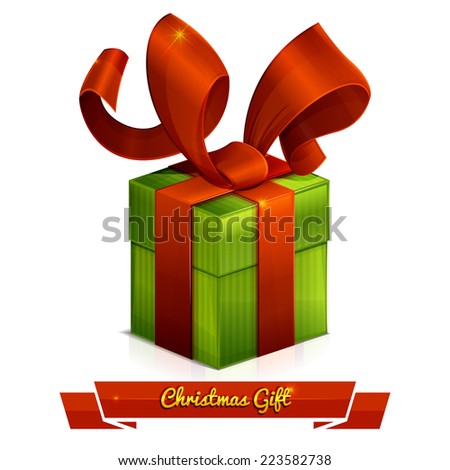 Green Christmas gift with a big red bow on white background