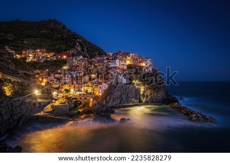 Manarola, La Spezia, Italy coastal view in Cinque Terre at night. September 2022. Long exposure picture