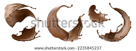 3d render, collection of splashing liquid chocolate design elements. Coffee or cacao brown splash clip art isolated on white background