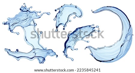 3d render, water splash clip art collection. Set of abstract liquid splashing isolated on white background