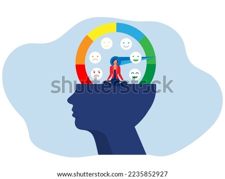 Intellection concept ,Businesswoman meditating on head with  the mood scale,Emotion overload, burnout and fatigue from work. Stress level meter gauge emotion stages.concept vector illustrator Royalty-Free Stock Photo #2235852927