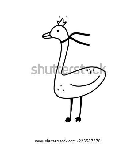 Winter vector illustration black silhouette white background goose in crown and scarf for sticker, print, poster, postcard