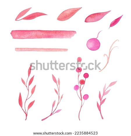 watercolor pink set of paint strokes, leaves and patterns. clip art. decor elements