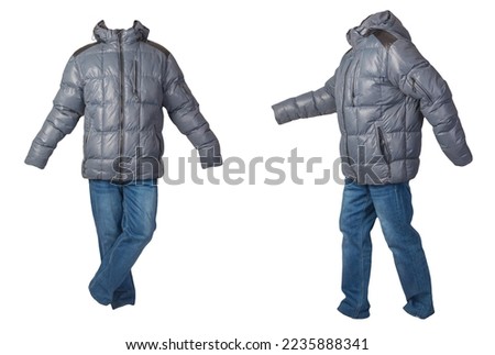 two blue men's jacket and blue jeans isolated on white background.casual clothing