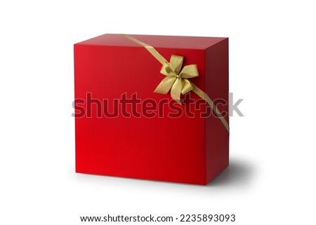 red gift box with golden bow on white background