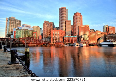 Boston Skyline with Financial District and Boston Harbor at Sunrise