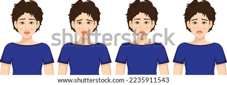 Set of emotions.Expression collection.Young beautiful girl shows different emotions.Negative feelings.Sad,angry,upset,stress,fear,shock.Hand drawn vector illustration.