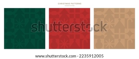 Christmas icons elements with geometric seamless pattern. Web banner, poster, brochure, background, wallpaper. Holiday season, Contemporary abstract design. Modern style. Flat vector illustration. Royalty-Free Stock Photo #2235912005