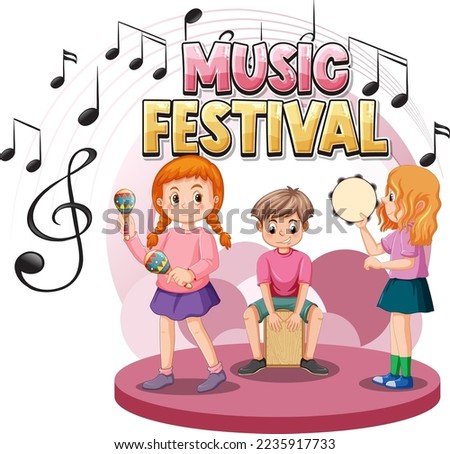 Music Festival text with kids music band illustration