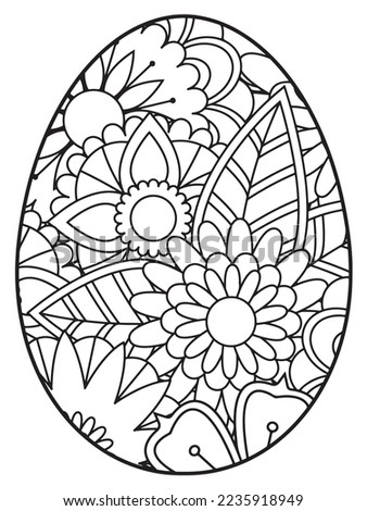 Vector doodle coloring book page or adult and kids . Easter egg in flower coloring page style. Detailed black contour flowers pattern on white background