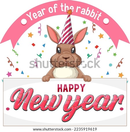 Happy New Year text with cute rabbit for banner design illustration