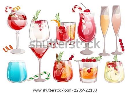 A set of Christmas cocktails.Whiskey with cranberries.Shirley Temple, Jack Frost, Christmas margarita, sangria, martini.Winter holiday drinks. Royalty-Free Stock Photo #2235922133