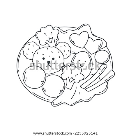 Bento kids food set doodle style illustration. Simple ink sketch childs lunch serving. Asian food isolated vector. Rice with meat, egg and vegetables clip art