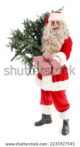 Santa Claus with Christmas tree and gift on white background