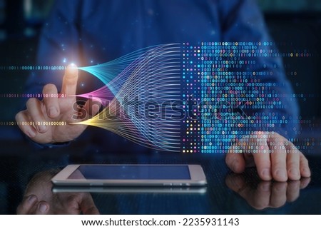 Big data technology and data science. Data scientist querying, analysing and visualizing complex information on virtual screen. Data flow concept. Business analytics, finance, neural network, AI, ML. Royalty-Free Stock Photo #2235931143