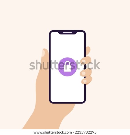 Hand holding smart phone in vertical  position banner. Screen with closed padlock. Concept of cyber security, password, privacy. Vector illustration, flat design