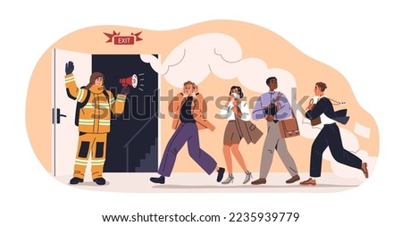 Evacuation in fire emergency. Fireman with megaphone at door exit, people leave building in smoke, evacuate after alarm, alert, danger warning. Flat vector illustration isolated on white background