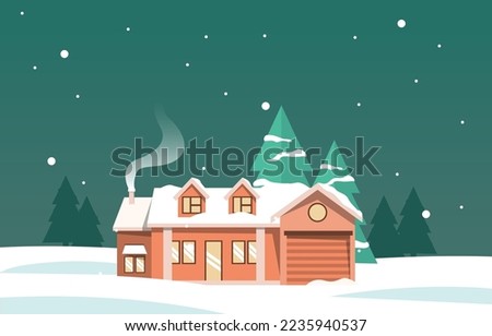 House Home in Night Snow Fall Winter Illustration
