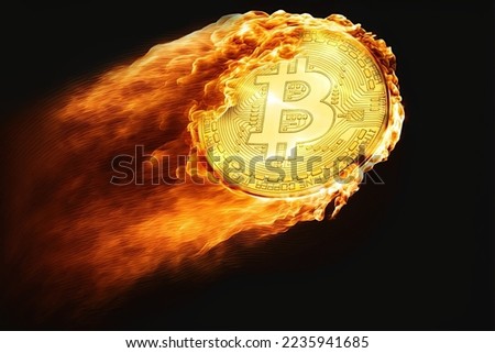 bitcoin crypto-currency with B symbol on fire flying high. Isolated on BLACK background. Crypto asset for the futuristic virtual gold. Bullish Bitcoin hits all-time high new record. Photo composition Royalty-Free Stock Photo #2235941685