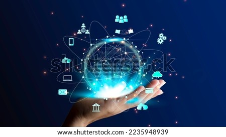 Information Technology Networks Internet Connecting Wireless Devices around the world. Information Technology is Essential to Businesses in the Digital world with  and Icons Connected to each other