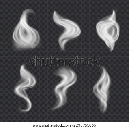Smoke vector collection, isolated on transparent background. Set of realistic white smoke steam, waves from coffee,tea,cigarettes, hot food. Fog and mist effect.