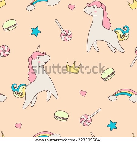 cute unicorn, sweets, stars and rainbow. seamless pattern for fabric, wallpaper, gift wrapping and more